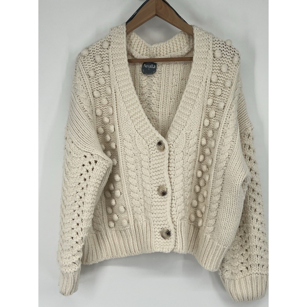 Arula by Altar'd State Women Size X Cableknit Cardigan Beige Boho Cabin Chunky